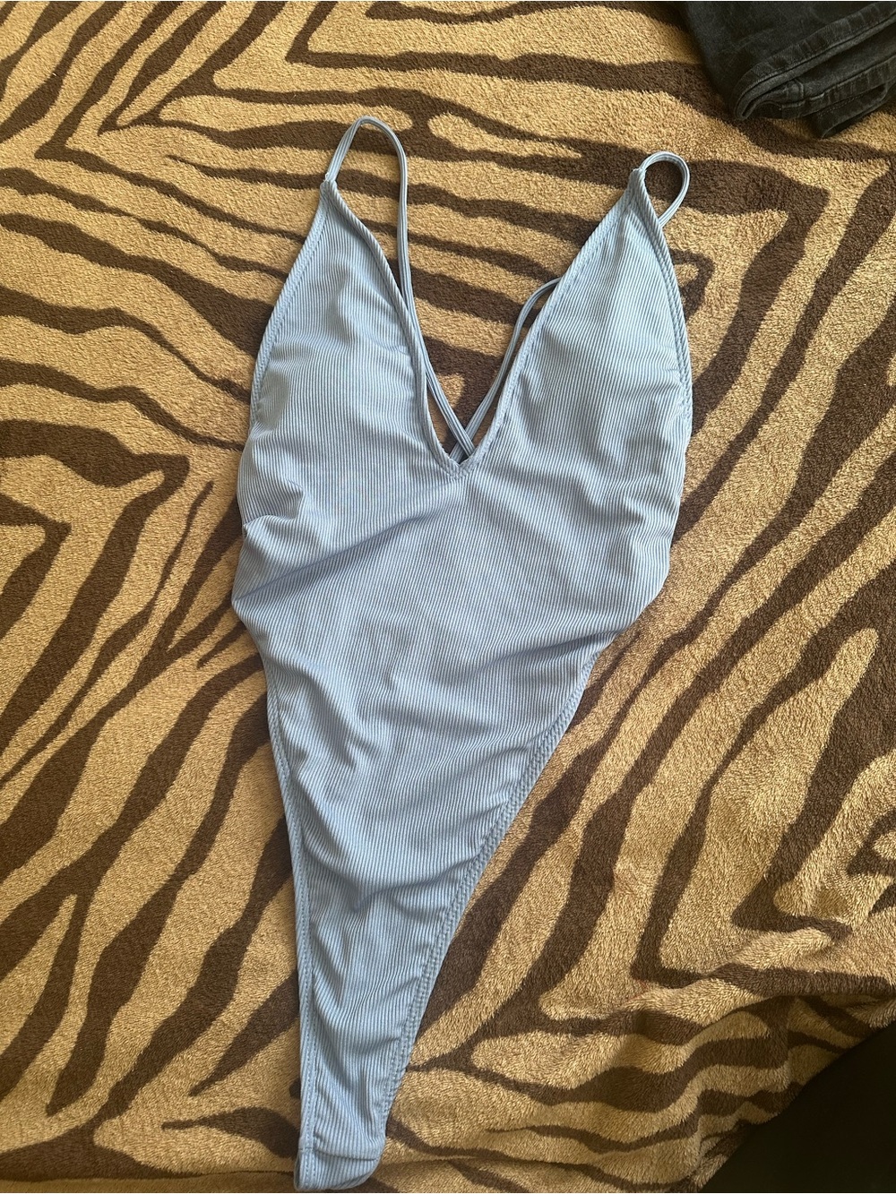 Women’s Light Blue Ribbed One-Piece Swimsuit with V-Neck
